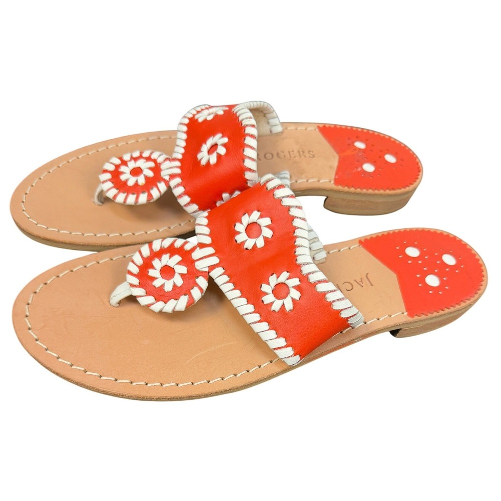 Jack Rogers Jacks Flat Sandal Orange White Whipstitch Leather Thong Womens 8M